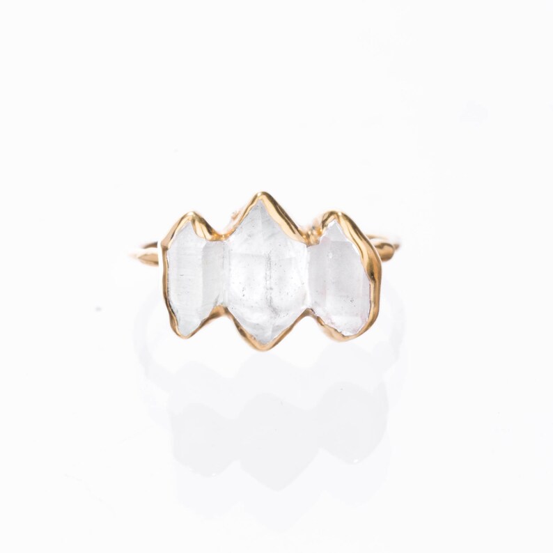 April Birthstone Ring Triple Large Gold Raw Herkimer Diamond Ring for Women Crystal Ring Raw Stone Ring Raw Diamond Ring Boho Ring