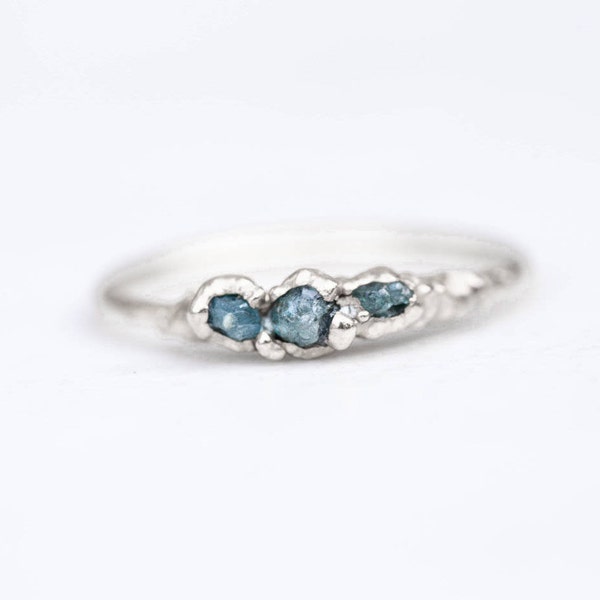Three Stone Raw Blue Diamond Ring - Sterling Silver