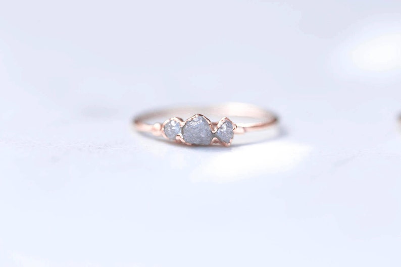 Rose Gold Triple Raw Diamond Ring, Raw Stone Ring, Unique Gift for Her, Delicate Ring, Engagement Ring, Dainty Ring, April Birthstone Ring 