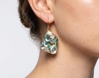 24k Gold Filled Asymmetrical Abalone Shell Earrings: One-of-a-Kind Jewelry