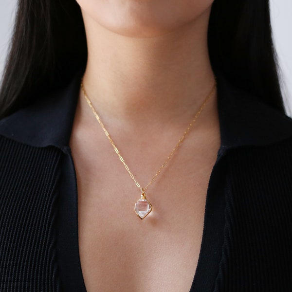 Raw Herkimer Diamond Statement Necklace • Gold Filled • Clear Tibetan Quartz Pendant • Minimalist Fall Jewelry • April Stone • Handmade