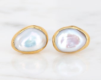 Large Raw Pearl Earring by Ringcrush • Baroque Pearl Studs • Gold Fill • June Birthstone • Real Natural Freshwater Pearls • Bridal Earrings