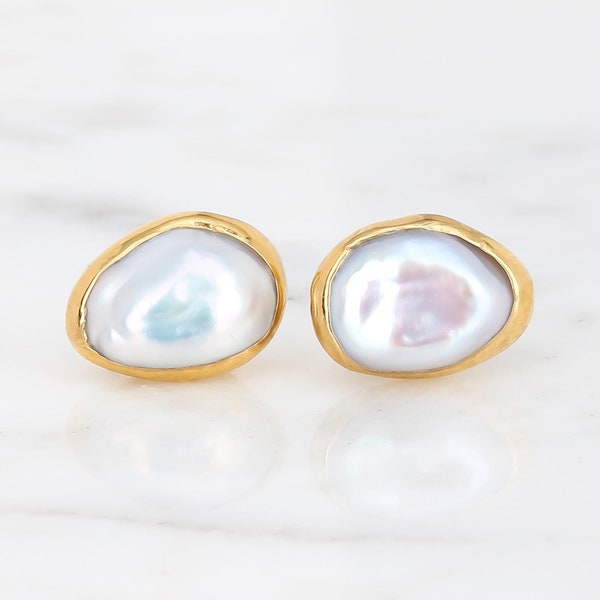 Large Raw Pearl Earring by Ringcrush • Baroque Pearl Studs • Gold Fill • June Birthstone • Real Natural Freshwater Pearls • Bridal Earrings