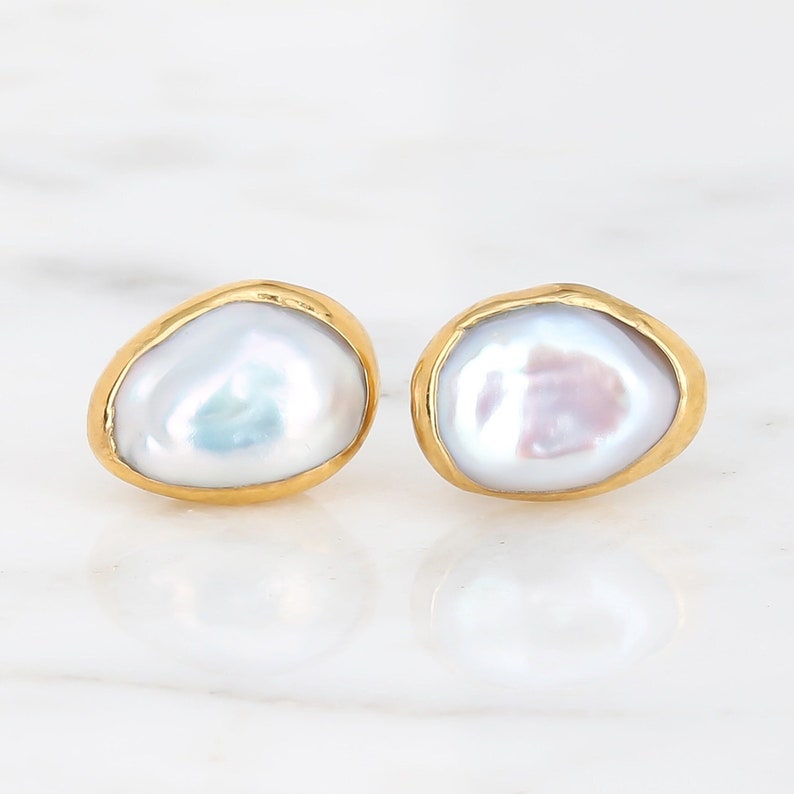 Large Raw Pearl Earring by Ringcrush Baroque Pearl Studs Gold Fill June Birthstone Real Natural Freshwater Pearls Bridal Earrings image 1