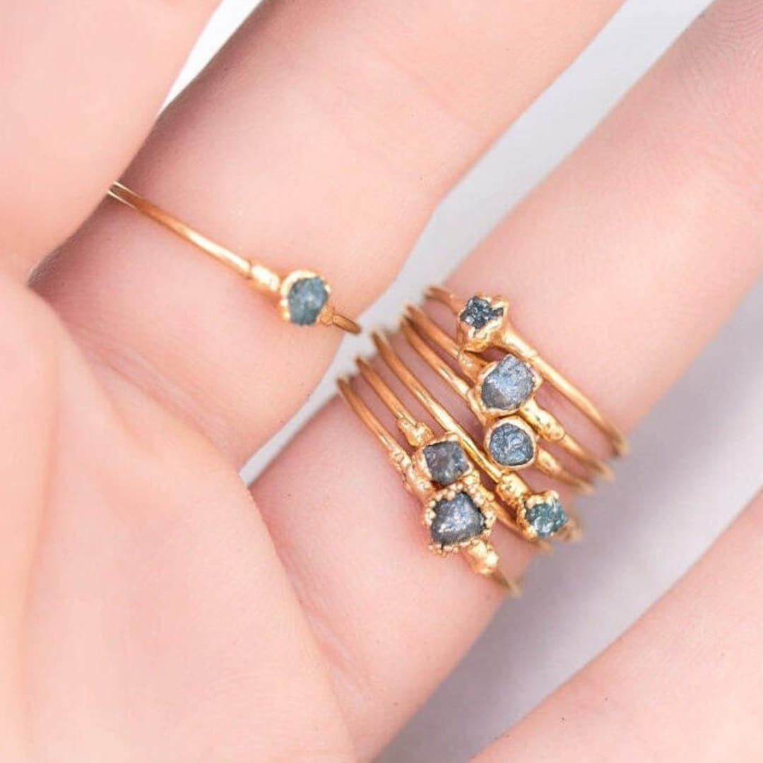 Raw Blue Diamond Ring, Gold Stacking Ring, April Birthstone Ring ...