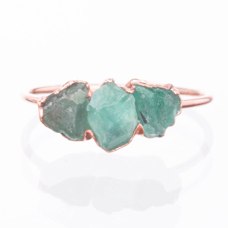 Triple Emerald Ring, Rose Gold Ring, Raw Emerald Ring, Raw Stone Ring, May Birthstone Ring, Gemstone Ring, Raw Crystal Ring, Delicate Ring 