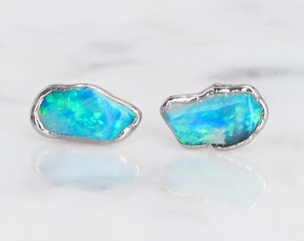 Australian Opal Earrings • Sterling Silver • Raw Opal Stud Earrings • October Birthstone • Natural Real Black / Blue Opal • Handmade Jewelry