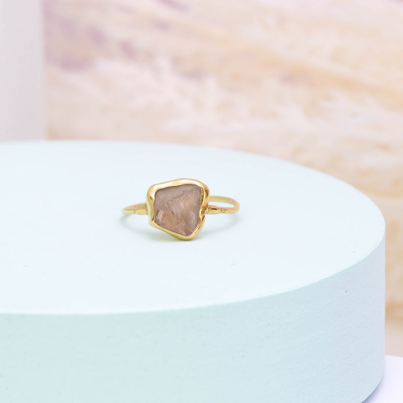 Raw Smoky Quartz Ring Gold Filled Unique Wedding Gift January Birthstone Cognac Quartz Witchy Fall Crystal Jewelry 24k Dip image 7