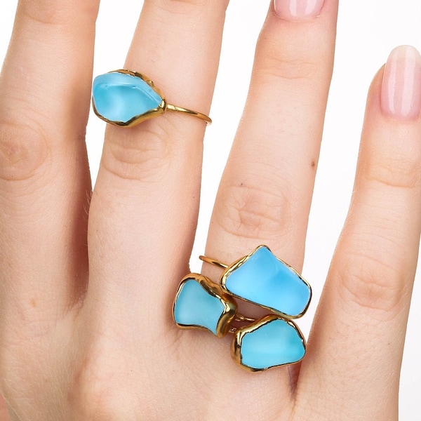 Raw Blue Topaz Ring - 24k Gold Dipped