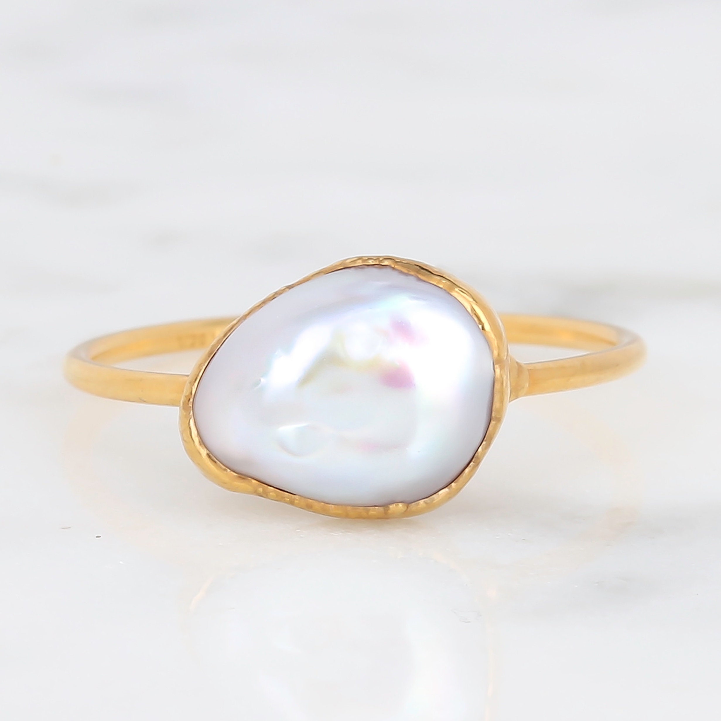 Großer Rohweiß Perlenring für Frauen, Goldring, Juni Geburtsstein, Feiner Stapelring, zierlicher Ring, minimalistischer Ring, Verlobungsring