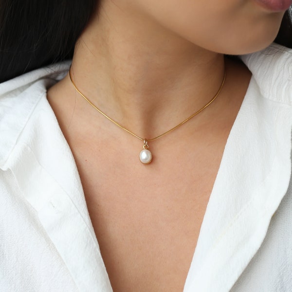 Pearl Choker Necklace • Snake Chain • Gold Filled • June Birthstone • Real Pearl Dainty Necklace • Perfect Bridesmaid Gift • 24k Dip