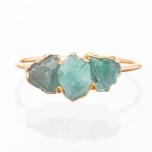 Triple Raw Emerald Ring Gold Filled May Birthstone Handmade Jewelry Genuine Natural Gemstone Best Friend Gift Antique Style image 1