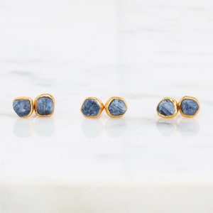 Dainty Raw Sapphire Earrings Gold Filled Delicate September Birthstone Stud Earrings Virgo Gift 24k Dip Handmade image 2