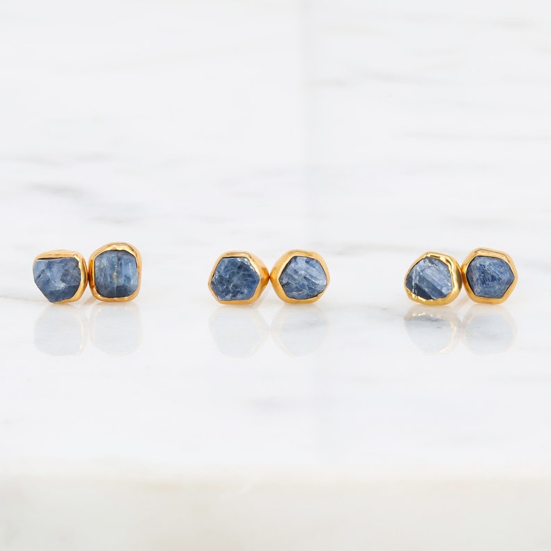 Dainty Raw Sapphire Earrings Gold Filled Delicate September Birthstone Stud Earrings Virgo Gift 24k Dip Handmade image 2