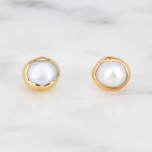 Dainty Pearl Earrings • Gold Filled • Minimalist June Birthstone Gift • Real Raw Pearl Studs • Cute Handmade Fall Jewelry • 24k Dip