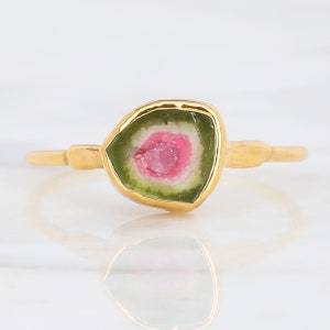 Raw Watermelon Tourmaline Evil Eye Ring • 24k Gold Filled • Whimsigoth Gemstone Jewelry • 24k Dip • Handmade Rings • Green Pink Tourmaline