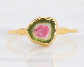 Raw Watermelon Tourmaline Evil Eye Ring • 24k Gold Filled • Whimsigoth Gemstone Jewelry • 24k Dip • Handmade Rings • Green Pink Tourmaline