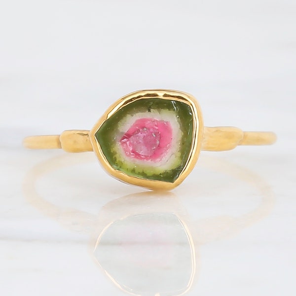 Raw Watermelon Tourmaline Evil Eye Ring • 24k Gold Filled • Whimsigoth Gemstone Jewelry • 24k Dip • Handmade Rings • Green Pink Tourmaline
