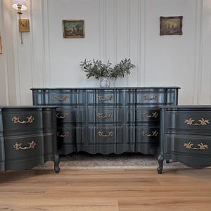 Vintage Black French Provincial Wood Dresser and Nightstand Set With Dovetailed Drawers, Bedroom Furniture