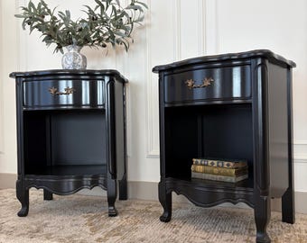 Vintage Black French Provincial Wood Nightstands, Dovetailed Drawer Side Tables, Bedroom Furniture