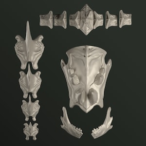 May include: A set of white plastic 3D printed pieces that can be assembled into a creature or monster. The pieces include a head, body, legs, and tail.