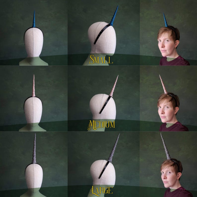 May include: Three different sizes of unicorn horn headbands. The headbands are made of black felt and have a pink, blue, or gray horn. The headbands are shown on mannequins and a person.