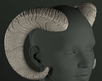 May include: A 3D printed model of a human head with two large, curved horns. The horns are textured and have a realistic appearance.