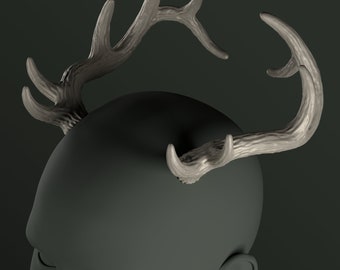 May include: A pair of light brown antlers on a person's head. The antlers are curved and have a natural, rustic look.