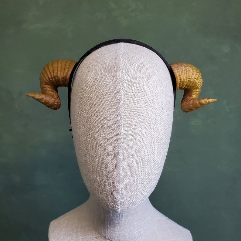 May include: A headband with two gold horns. The headband is made of black elastic and the horns are made of a textured, gold-colored material.