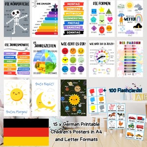 Pósters y tarjetas didácticas imprimibles para aulas y guarderías (idioma alemán): descarga digital instantánea