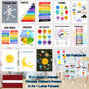 Poster e schede didattiche stampabili per l'aula scolastica/asilo nido in lingua lettone Latviešu Valoda - Download digitale immediato