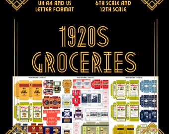 1920s Groceries - Miniature Food Packaging Printable Download - for 12th and 6th Scale Fashion Doll House / Action Figure