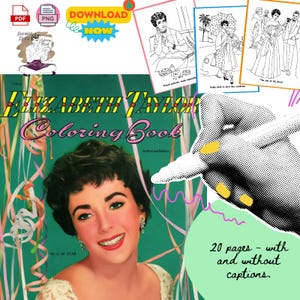 Vintage 1950s Elizabeth Taylor Colouring Book - PDF Instant Digital Download + PNG Clipart - Liz Taylor Hollywood Glamour