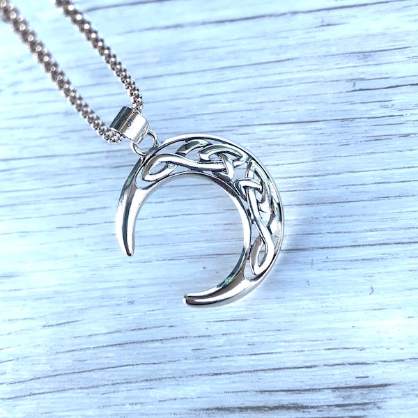 CELTIC MOON, Celtic Knot Triquetra, Genuine 925 Sterling Silver Pendant, Genuine 925 Sterling Silver Necklace, Men Women Unisex