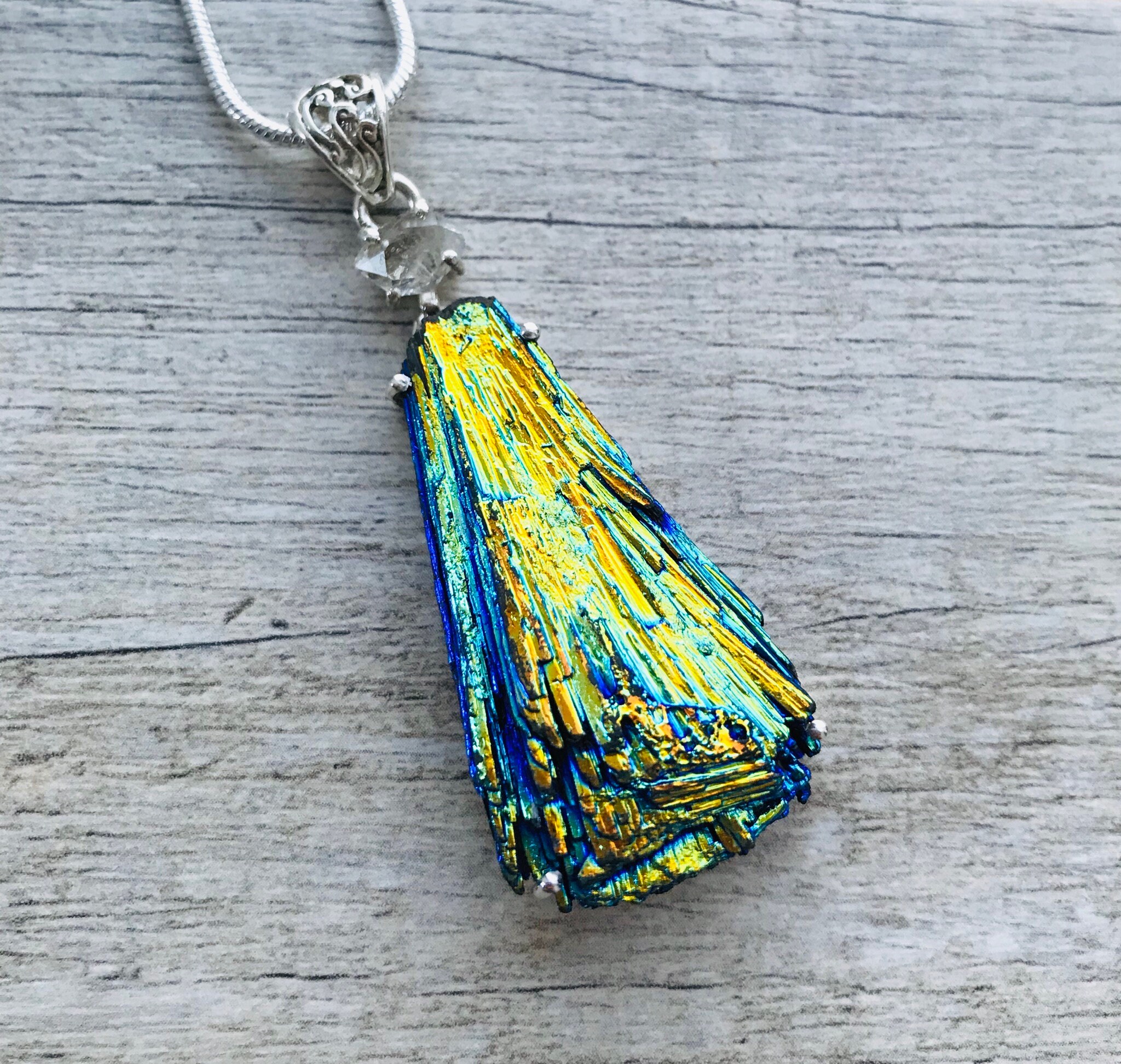 Natural Raw Rainbow Aura Titanium Kyanite and Herkimer Diamond Pendant