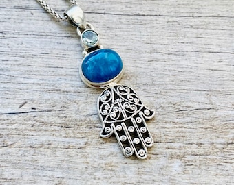 HAMSA HAND Natural Neon Blue Apatite and Sky Blue Topaz Pendant, Natural Crystal Pendant, 925 Sterling Silver Necklace