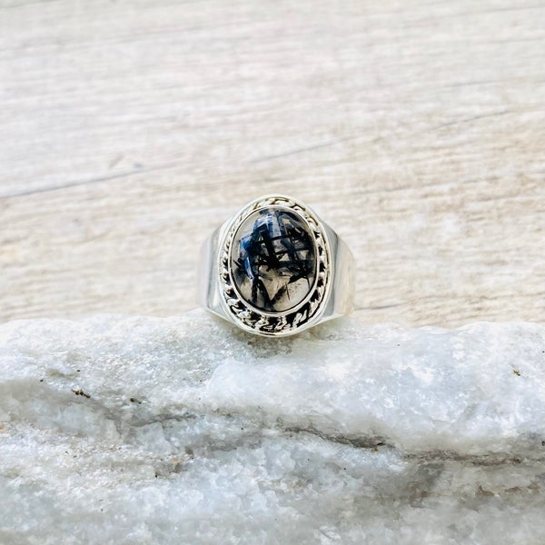 Size 6.5 Natural Black Tourmaline in Quartz Ring, Tourmalinated Quartz Ring, 925 Sterling Silver Ring, Natural Crystal Ring