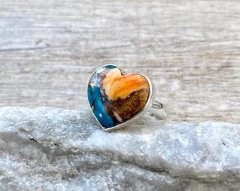 Size 8 Solid 925 Silver Natural Spiny Oyster in Copper Turquoise Ring, Arizona Turquoise Ring, 925 Sterling Silver Ring
