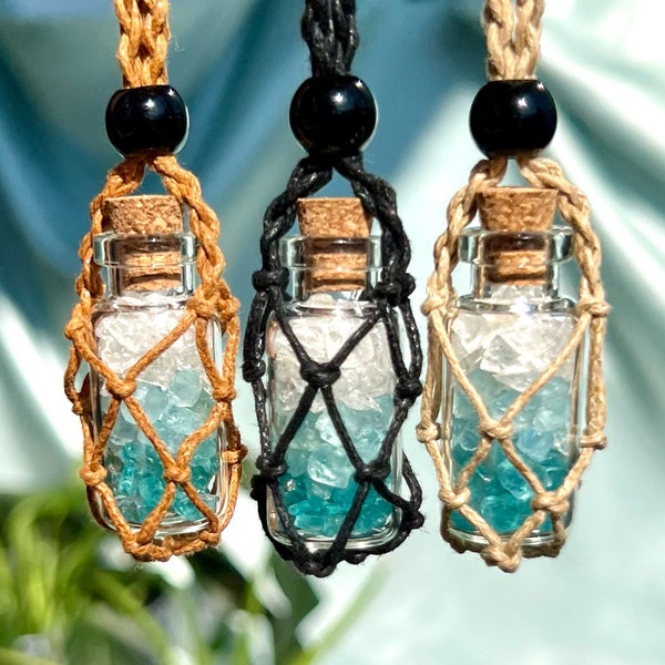 Natural Raw Clear Quartz, Aquamarine and Neon Blue Apatite, Crystal Bottle Necklace, Raw Crystal Necklace, Natural Stone Necklace