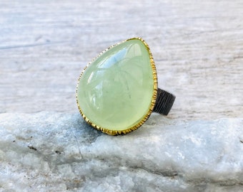 LARGE RING Size 8.5 Natural Prehnite Ring, Black Rhodium Yellow Gold 925 Sterling Silver Ring, Natural Crystal Ring