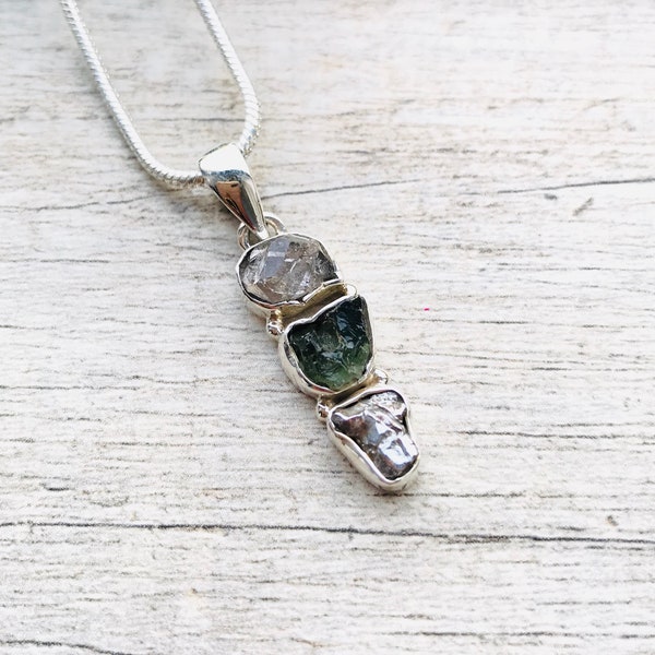 Natural Raw Moldavite, Meteorite Campo Del Cielo and Herkimer Diamond Pendant Necklace, Rough Moldavite Necklace, 925 Silver Necklace