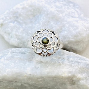 CELTIC LOTUS FLOWER Very Rare Genuine Natural Faceted Moldavite Ring, Genuine Moldavite Ring, 925 Sterling Silver Ring, Natural Crystal Ring