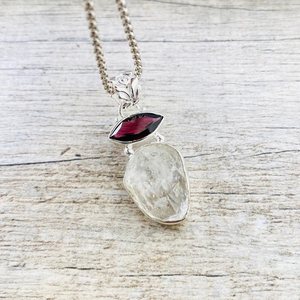 Natural Raw Herkimer Diamond and Garnet Pendant, Genuine Herkimer Diamond Necklace, 925 Sterling Silver Necklace