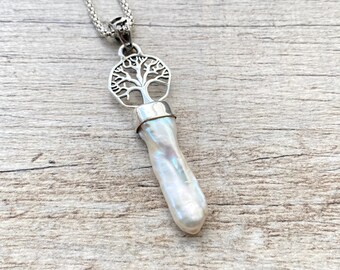Tree of Life Natural Biwa Pearl Pendant, Sterling Silver Necklace