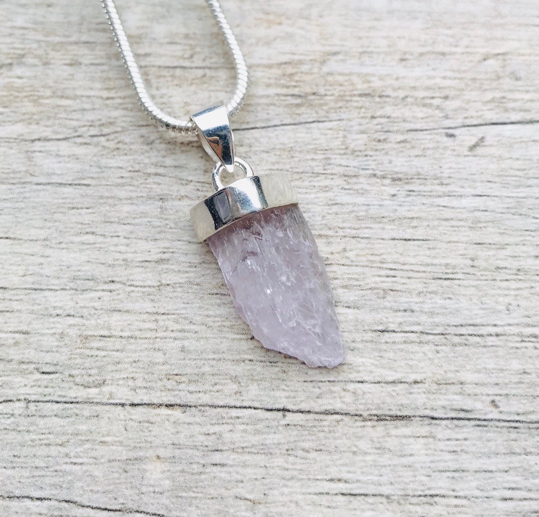 Natural Raw Kunzite in 925 Sterling Silver Pendant, Rough Kunzite, Raw Rough Crystal Necklace
