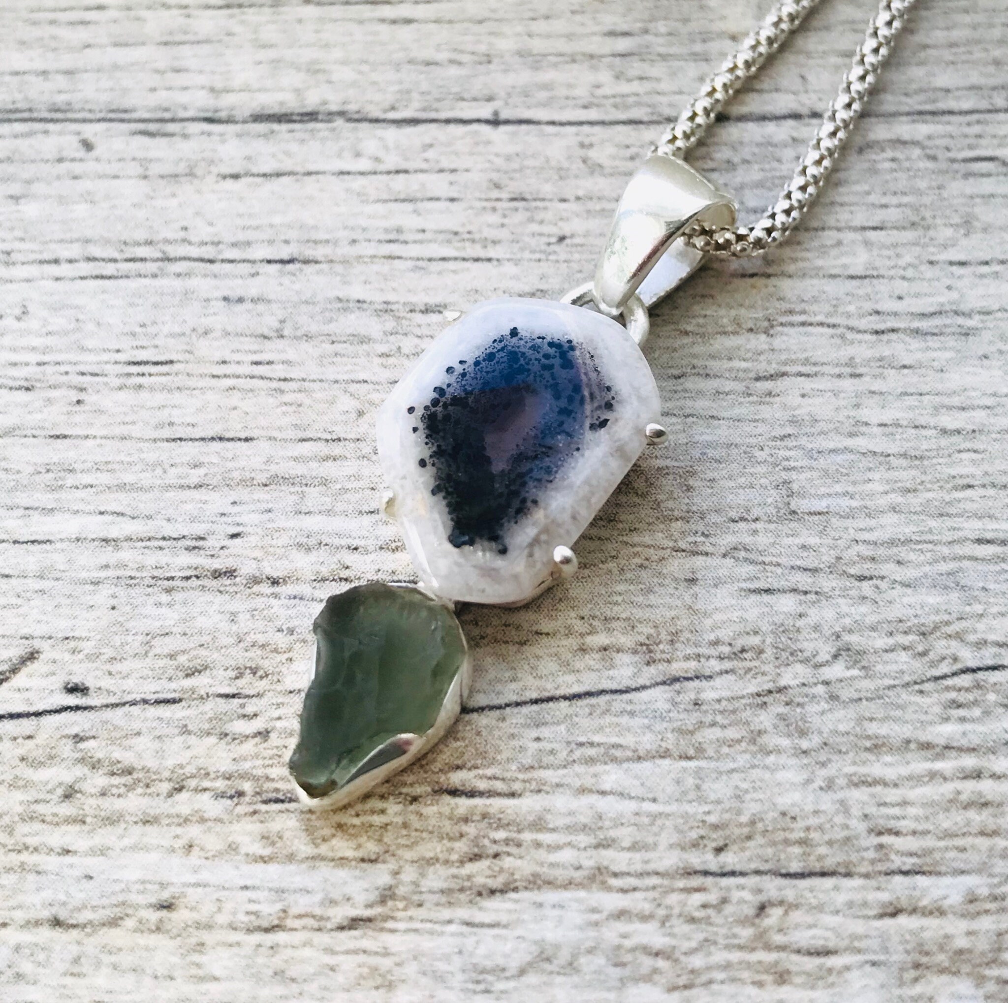 Genuine Moldavite & Auralite 23 Necklace – 925 Sterling Silver Pendant, Tektite Crystal