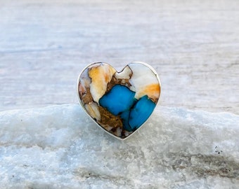 Size 9 Spiny Oyster Copper Turquoise Ring, 925 Sterling Silver