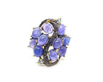 STATEMENT RING Size 8 Natural Tanzanite and Blue Topaz Ring, Black Rhodium Yellow Gold, 925 Sterling Silver Ring, Natural Crystal Ring