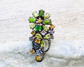 STATEMENT RING Size 7 Natural Peridot, Citrine, Chrome Diopside and Tanzanite Ring, Black Rhodium Rose Gold 925 Sterling Silver Ring