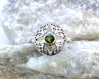 Celtic Moldavite Ring, Genuine Faceted Gemstone, Sterling Silver